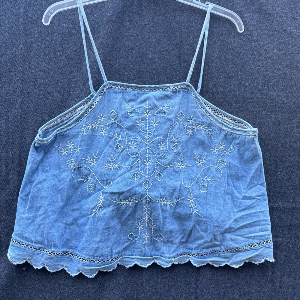 AMERICAN EAGLE WOMEN LARGE DENIM EMBROIDERED CROP TOP TANK WESTERN COQUETTE BOHO